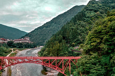 landscape, mountains, water, bridge thumbnail