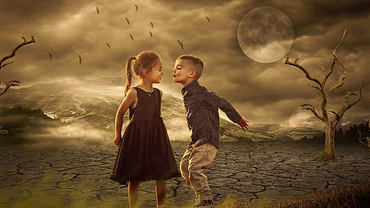 girl and boy about to kiss on dry land with flying birds, moon, and bare trees thumbnail