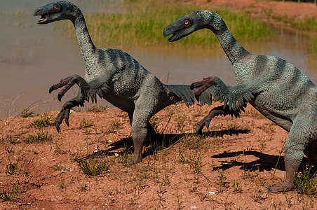 two green dinosaurs beside stagnant water thumbnail