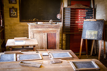 brown wooden desk in front of chalkboard thumbnail