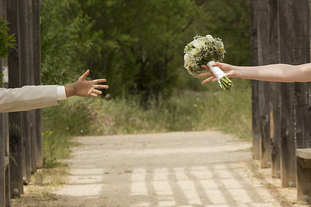 woman holding flower bouquet reaching man's hand thumbnail
