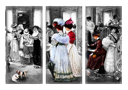 selective color of sketch woman wearing white and red dresses collage thumbnail
