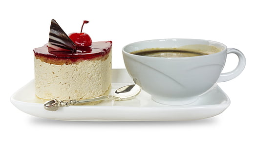 caramel glazed cheesecake on plate near white cup with coffee thumbnail