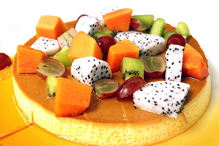 sliced kiwi, papaya, grape, and dragon fruit topped caramel flan thumbnail