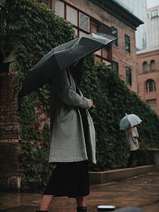 woman in gray coat holding black umbrella during rainy day thumbnail
