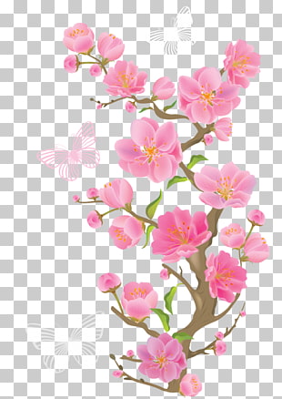 Pink flowers , Spring Branch with Butterflies , butterflies on flowers PNG clipart