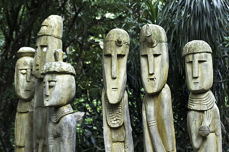 six brown wooden garden statue decors thumbnail
