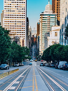 cars on road between high-rise buildings thumbnail
