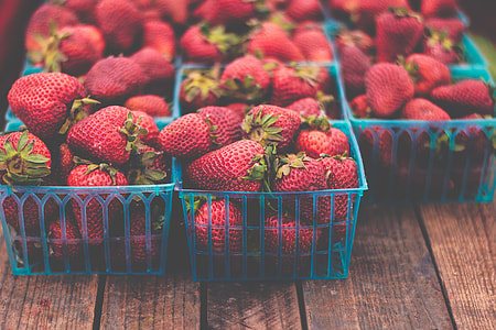 strawberries on blue plastic trays thumbnail