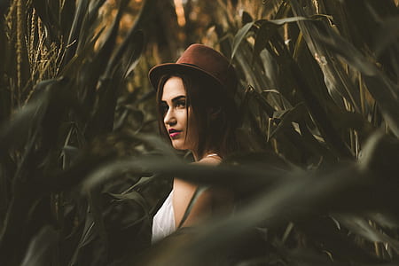 shallow focus photography of woman in white sleeveless top wearing brown suede bucket hat in corn field thumbnail