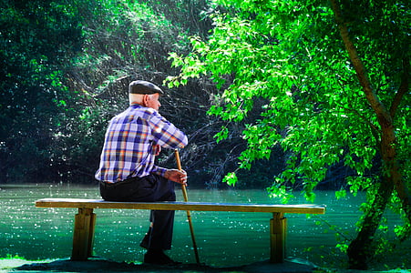 man sitting on bench facing body of water thumbnail
