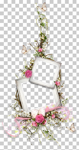 Pink flowers Floral design, Butterfly flower vine border, two white photo frames surrounded by pink and white flowers PNG clipart