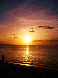 silhouette of person standing beside seashore during golden hour thumbnail