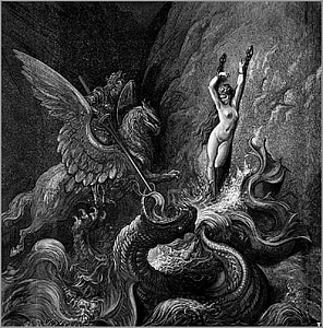black and white sketch of woman and warrior with dragon thumbnail