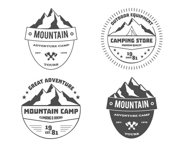 Set of monochrome outdoor adventure and mountain, hiking badge logo, emblem, label design. Summer travel with family. Vector eps file
