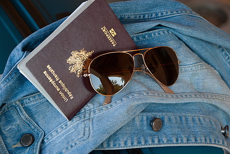 gold framed aviator-style sunglasses and passport thumbnail