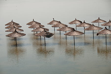 brown parasols on body of water thumbnail