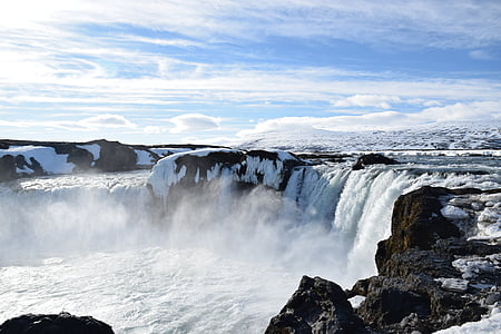 waterfalls on black rocky mountains during winter thumbnail