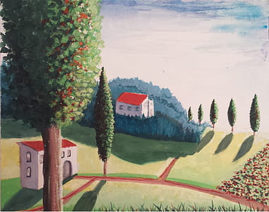 white-and-red farm houses near green leafed trees painting thumbnail