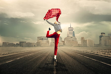 women's black and white striped long-sleeved shirt and red pants thumbnail