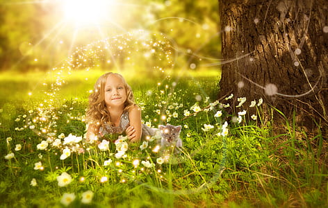 toddler with gray dress in grass field near tree during daytime thumbnail