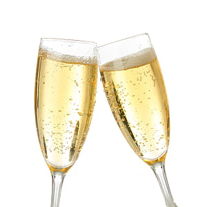 two clear champagne glasses with champagne thumbnail
