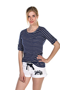 photo of smiling woman wearing blue and white stripe scoop-neck short-sleeve top with white Yatching Club printed short shorts thumbnail