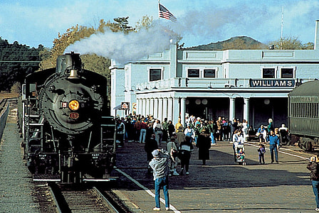 Steam locomotive and train sitting at Williams Depot in Arizona thumbnail