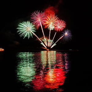 time lapse photography of fireworks on seashore thumbnail