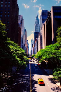 cars on road leading to high rise building thumbnail