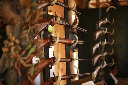 selective focus photography of brown hunting rifle on rack thumbnail