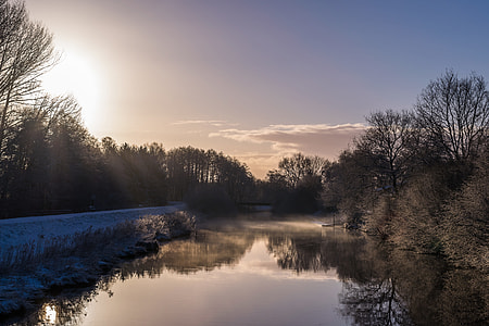 body of water and trees during sunset thumbnail