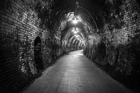 grayscale photo of tunnel with lights thumbnail