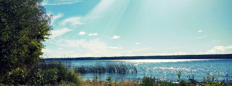 blue body of water near green leaf tree under blue sunny cloudy sky during daytime thumbnail