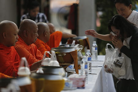 Selective Focus Photography of Woman Bowing in Front of Monk thumbnail