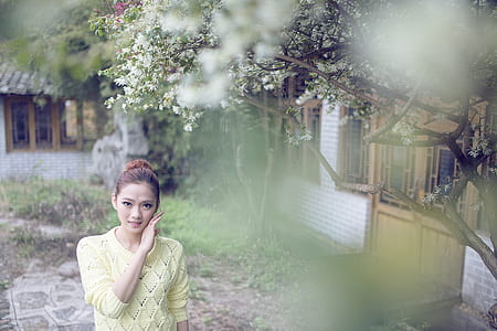 woman in yellow sweater standing beside tree thumbnail