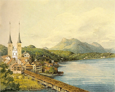 Lucerne in 1847 in France with castle and landscape thumbnail
