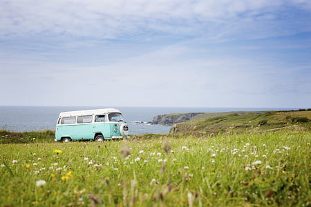 teal bus on green grass field thumbnail