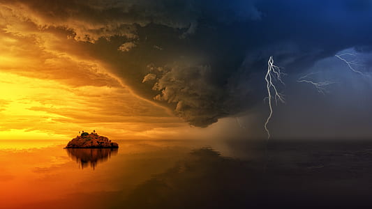 timelampse photo of storm with lightnings about to land on water near island during golden hour thumbnail