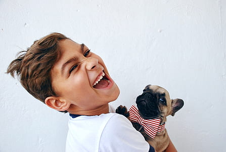 boy smiling while holding pug puppy thumbnail