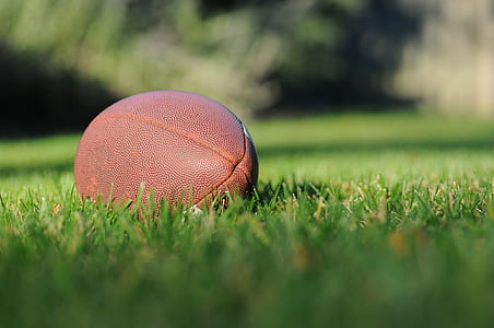 american football on green grass field with shallow depth of field thumbnail