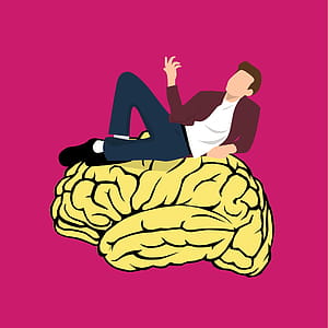 Man perched on illustration of human brain, thinking. thumbnail