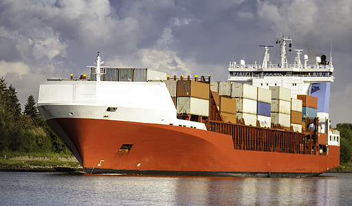 brown and white cargo ship docked beside grass field thumbnail