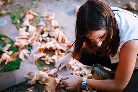 woman picking dried leaves thumbnail