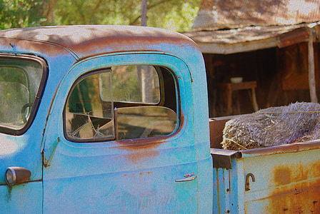 blue single cab pickup truck with hays on truck bed thumbnail