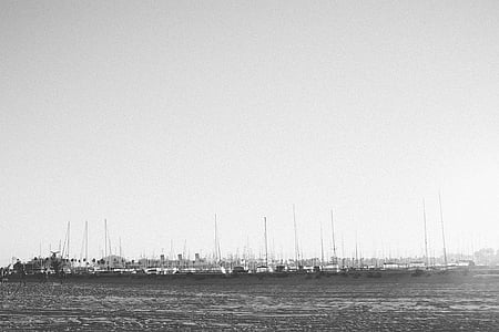 grayscale, photo, boats, daytime, beach, harbor thumbnail