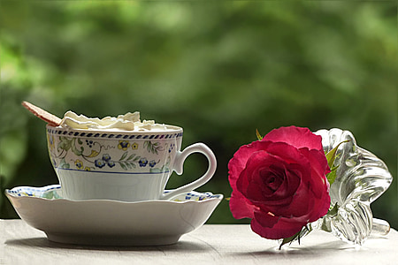 red rose near white and blue floral ceramic mug thumbnail