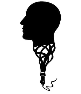Illustrated silhouette of written ideas flowing from human head. thumbnail