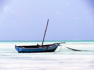 blue boat during daytime painting thumbnail