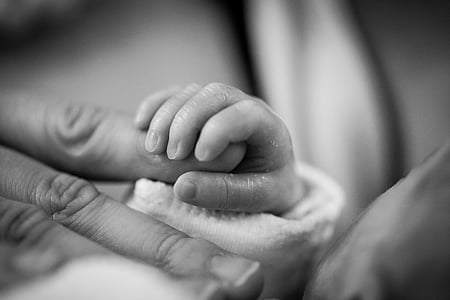 grayscaled photo of baby holding person's hand thumbnail